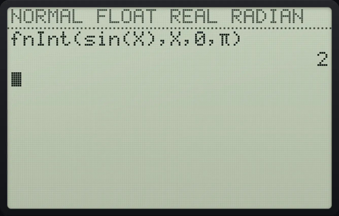 Result of the example "Integral of sin x from 0 to π" The display shows: fnInt(sin(X),X,0,π) / 2.