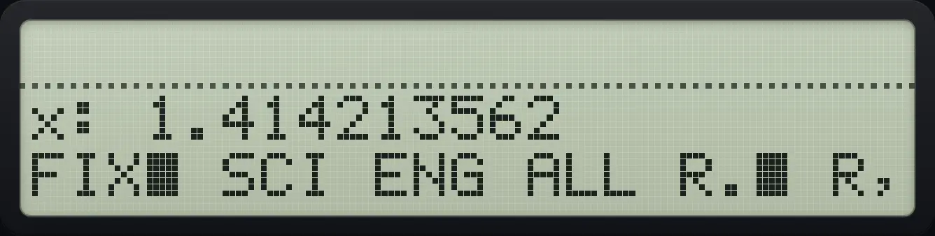 Result of the example "Read the root afterwards" The display shows: x: 1.414213562 / FIX■ SCI ENG ALL R.■ R,.
