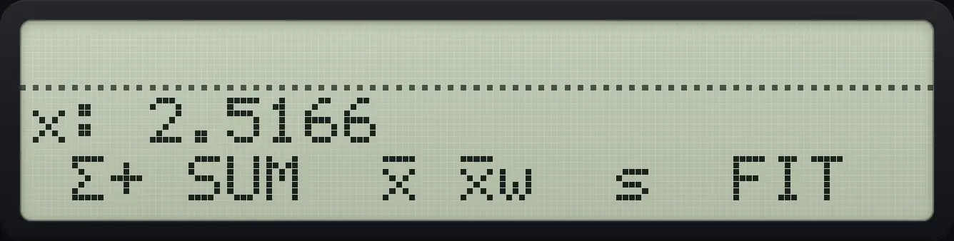 Result of the example "Standard deviation of x" The display shows: x: 2.5166 / Σ+ SUM x̄ x̄w s FIT.