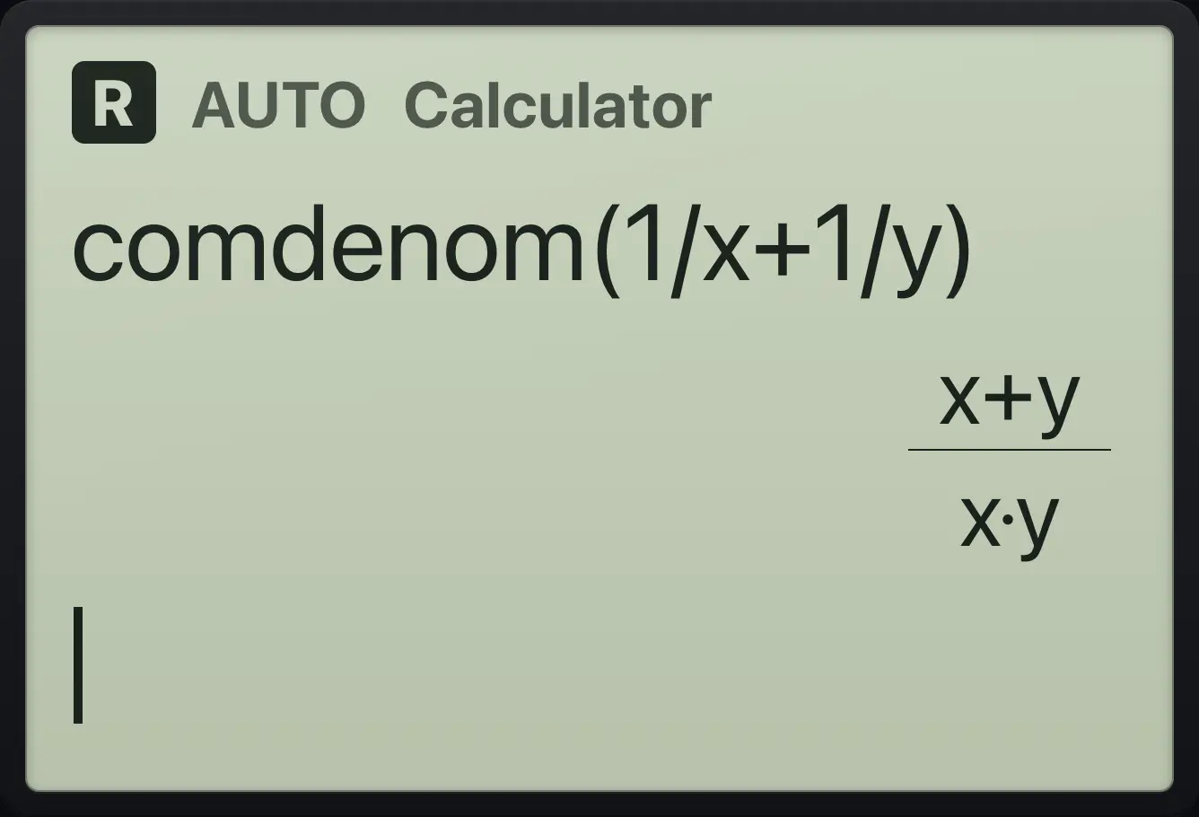Result of the example "Common denominator" The display shows: comdenom(1/x+1/y) / (x+y)/(x·y).