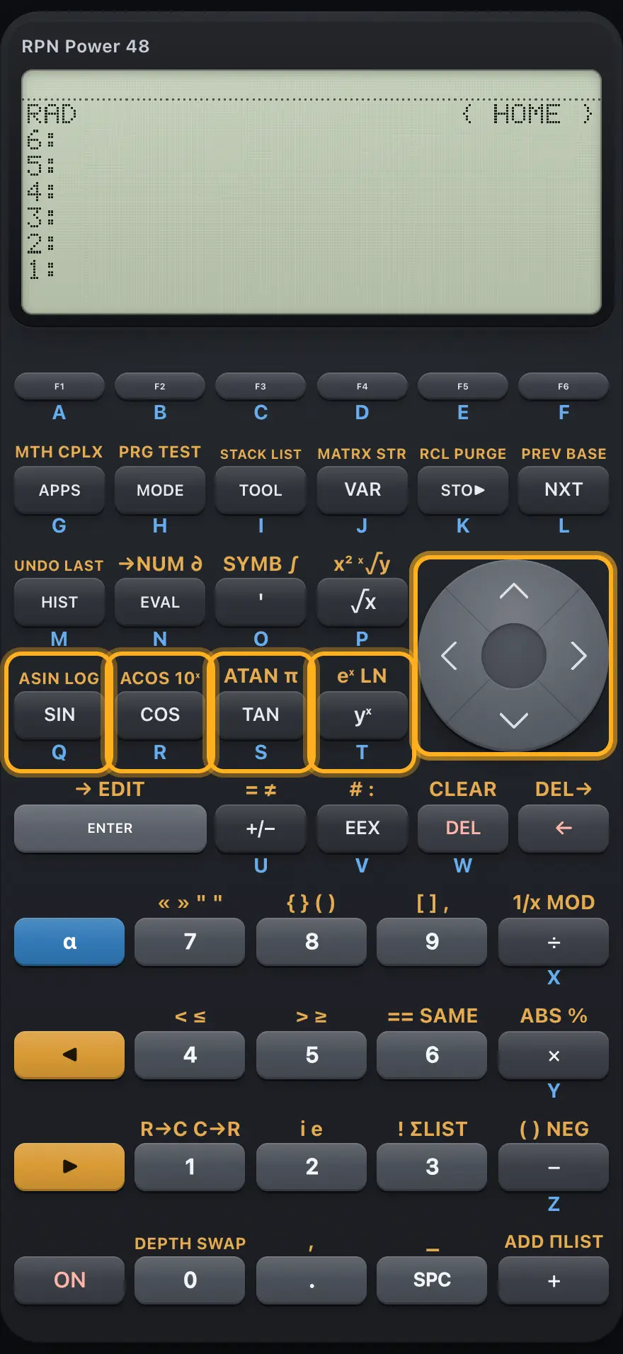 The trigonometric keys, the power key and the down and right arrows. The display shows: RAD                      { HOME } / 6: / 5: / 4: / 3: / 2: / 1:.