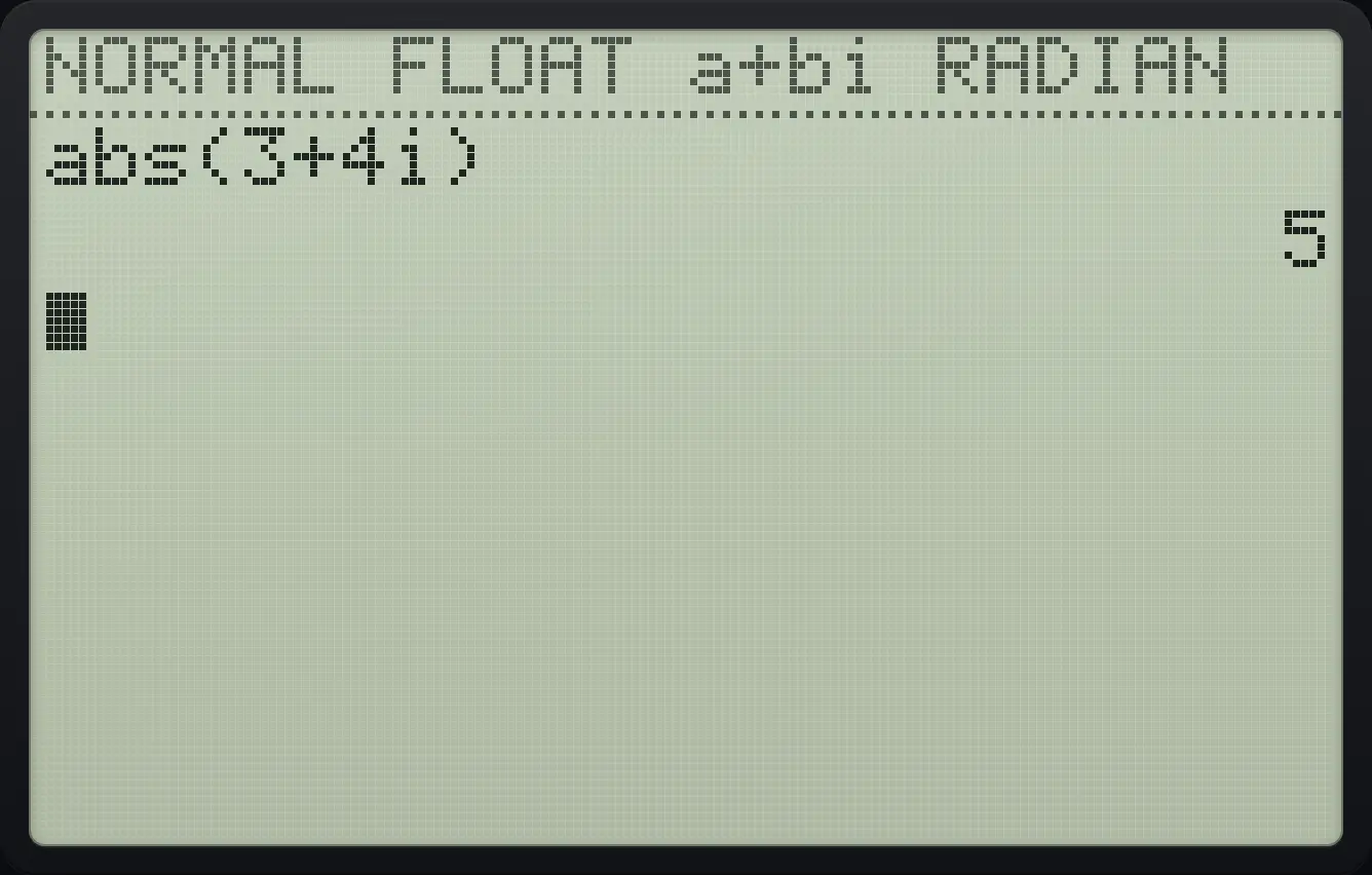 Result of the example "Modulus" The display shows: abs(3+4i) / 5.
