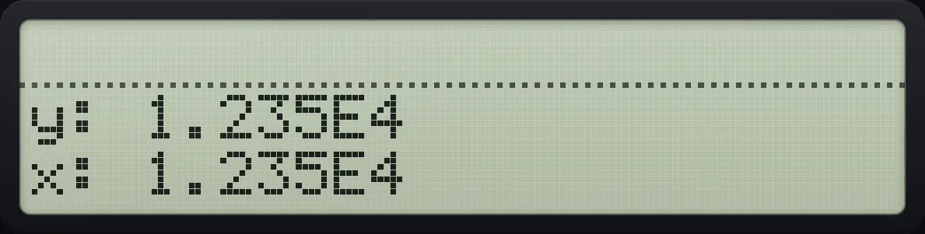 Result of the example "Scientific notation with 3 digits" The display shows: y: 1.235E4 / x: 1.235E4.