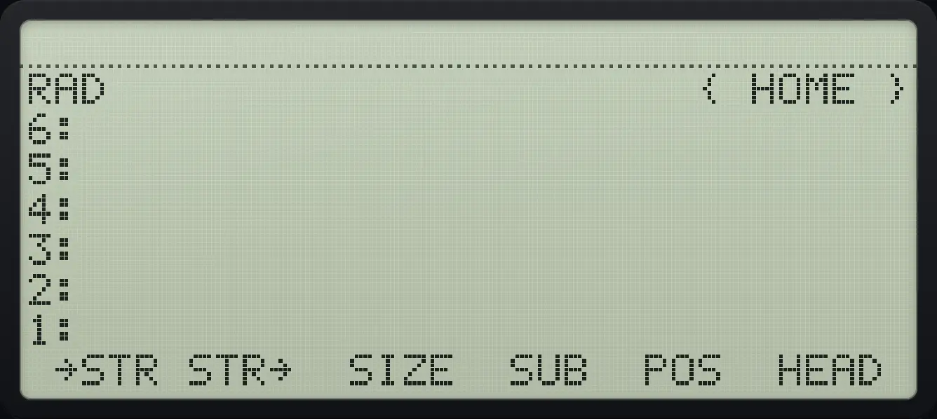 STR page 1. The display shows: RAD { HOME } / 6: / 5: / 4: / 3: / 2: / 1: / →STR STR→ SIZE SUB POS HEAD .
