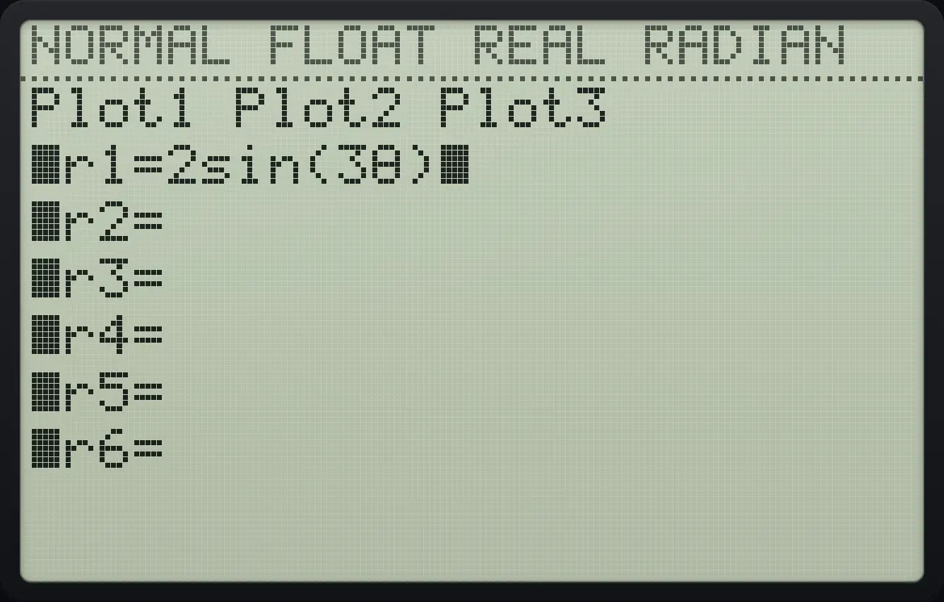 After step 2: In Y= type 2 sin(3θ), using the X,T,θ,n key for θ. The display shows: Plot1 Plot2 Plot3 / ■r1=2sin(3θ) / ■r2= / ■r3= / ■r4= / ■r5= / ■r6=.