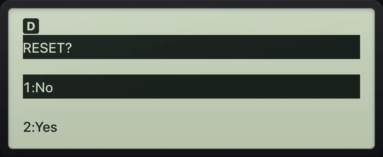 RESET asks for confirmation. The display shows: RESET? / 1:No / 2:Yes.