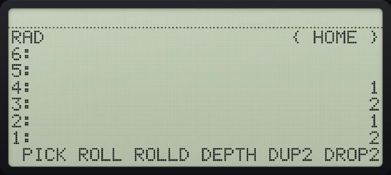 Result of the example "Copy two objects" The display shows: RAD { HOME } / 6: / 5: / 4: 1 / 3: 2 / 2: 1 / 1: 2 / PICK ROLL ROLLD DEPTH DUP2 DROP2.
