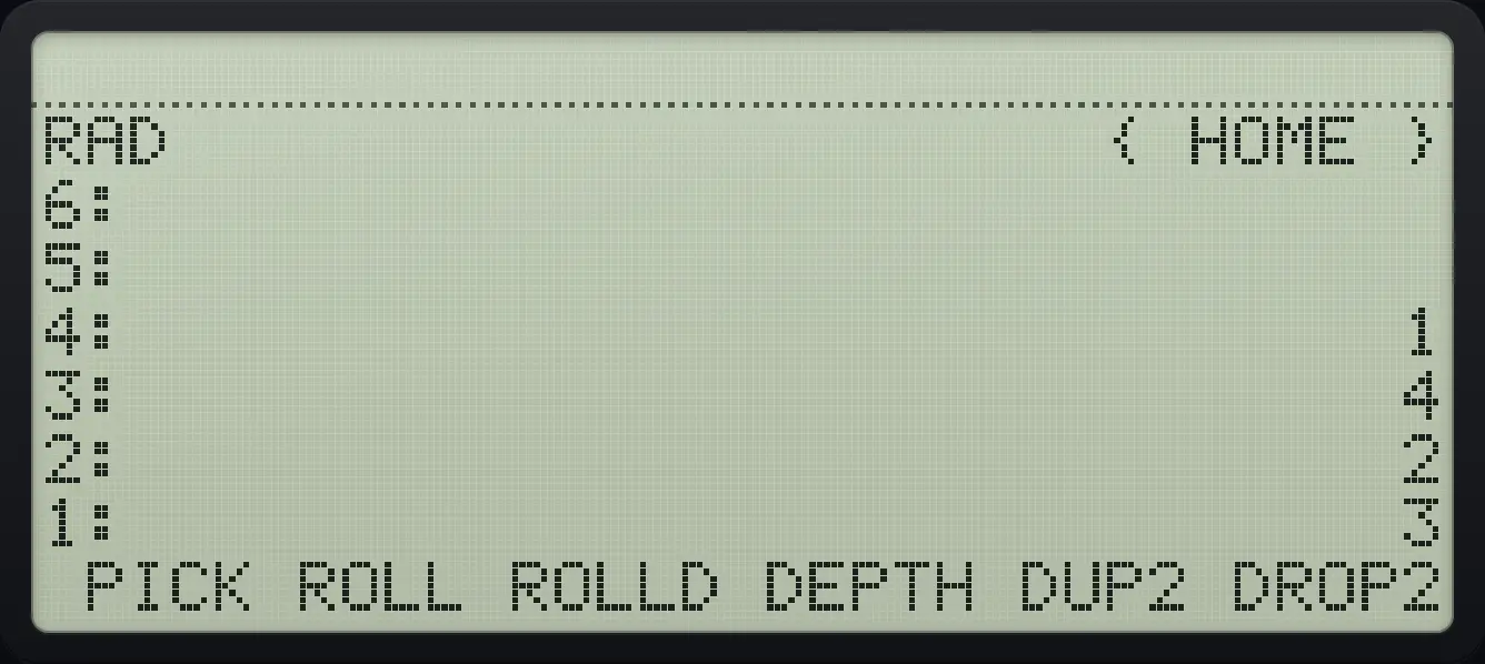 Result of the example "Roll the top object down" The display shows: RAD { HOME } / 6: / 5: / 4: 1 / 3: 4 / 2: 2 / 1: 3 / PICK ROLL ROLLD DEPTH DUP2 DROP2.