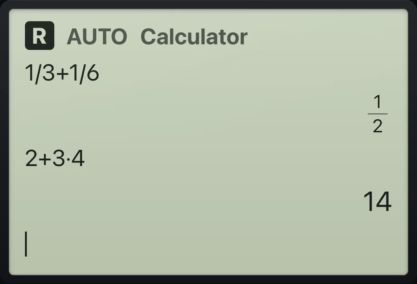 Each entry is shown on the left and its answer on the right. The display shows: 1/3+1/6 / 1/2 / 2+3·4 / 14.