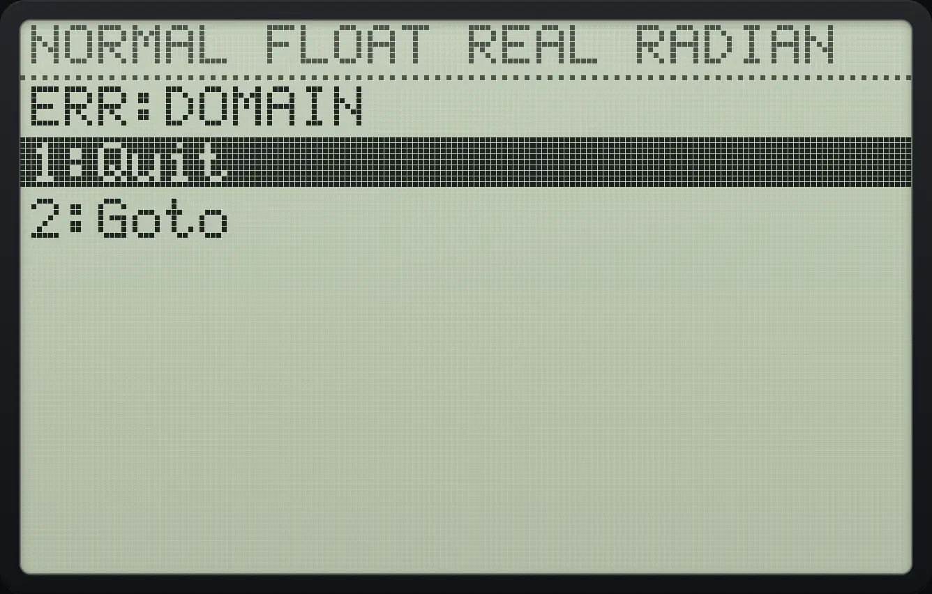 Result of the example "DOMAIN" The display shows: ERR:DOMAIN / 1:Quit / 2:Goto.