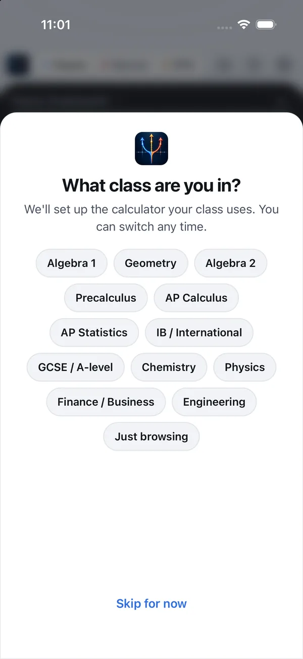 Setup screen asking which class you are in, from Algebra 1 to Engineering