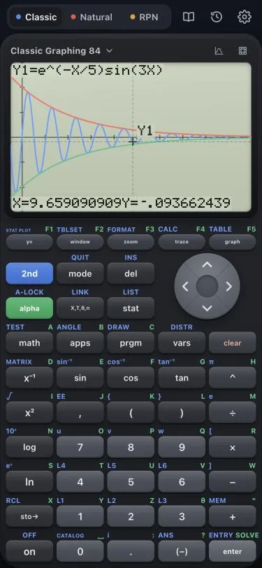 Classic Graphing 84 tracing a damped sine wave