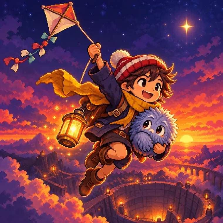 Kit flies a kite over the Well at sunset, lantern in hand, with their Kin companion Tumble tucked in close