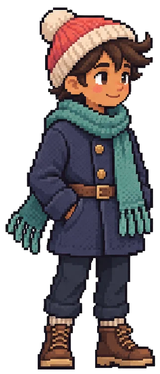 Kit in a winter coat and scarf, ready for the climb
