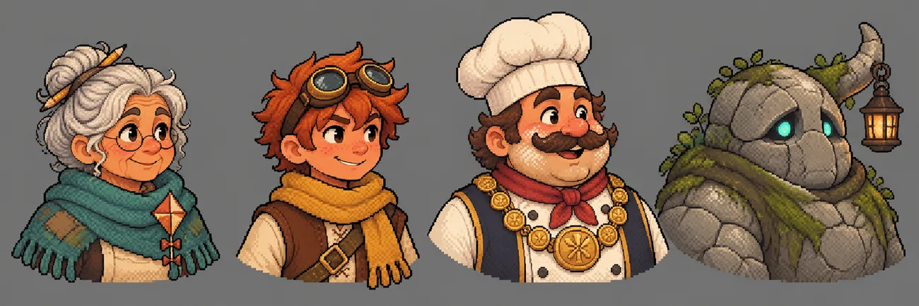 Four painted portraits of townsfolk you meet down the Well