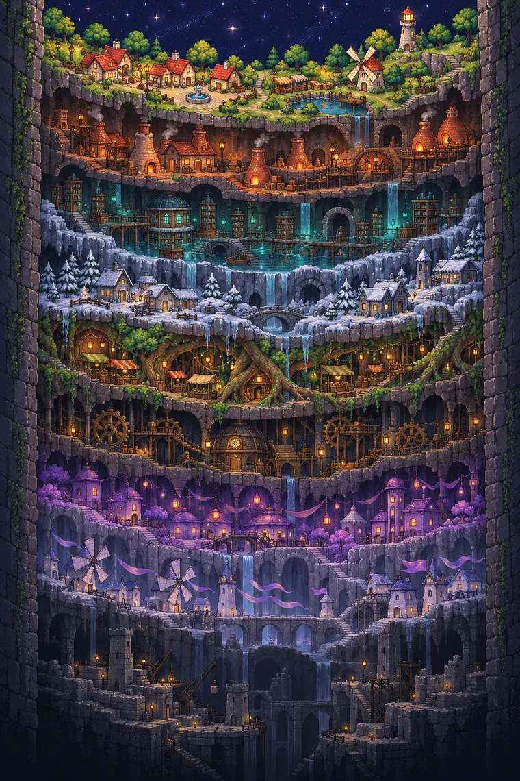 A painted cross-section of the Well, its nine towns stacked one below the next