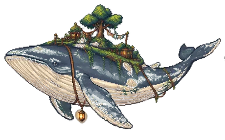 A flying island-whale carrying a small lantern-lit town on its back