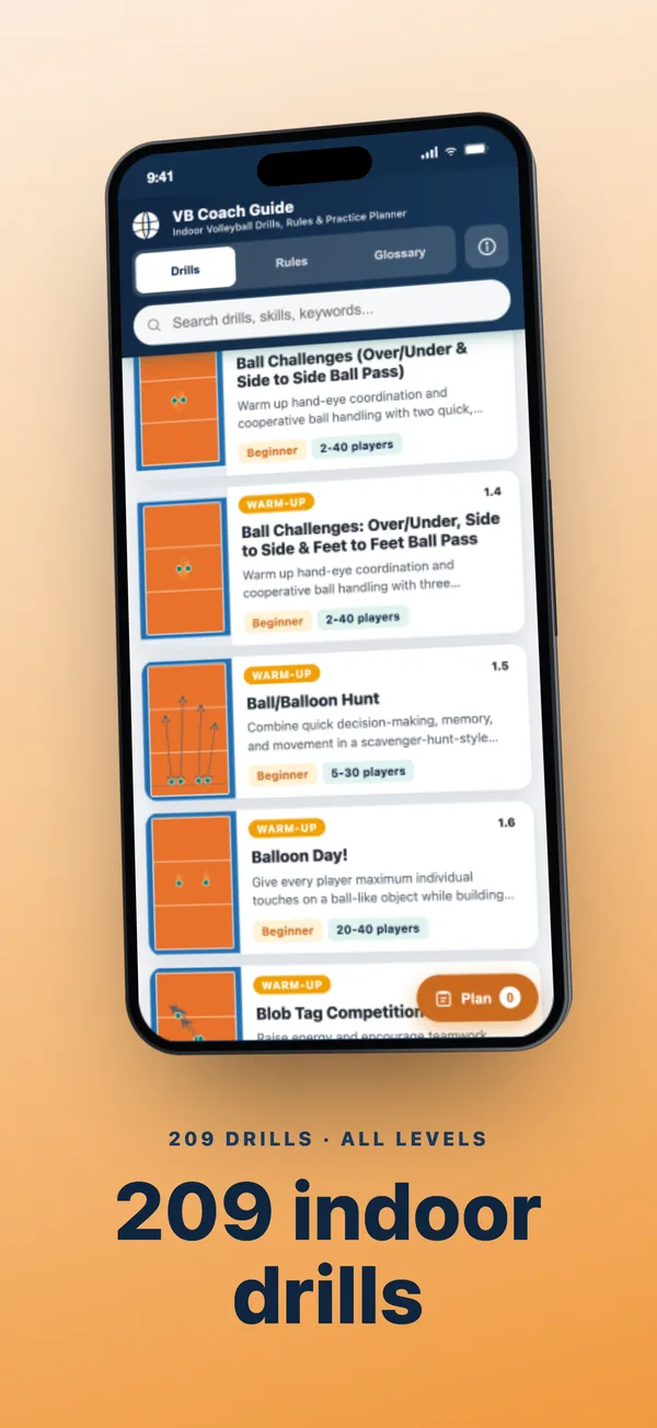Drill library on iPhone: 209 indoor drills with filters