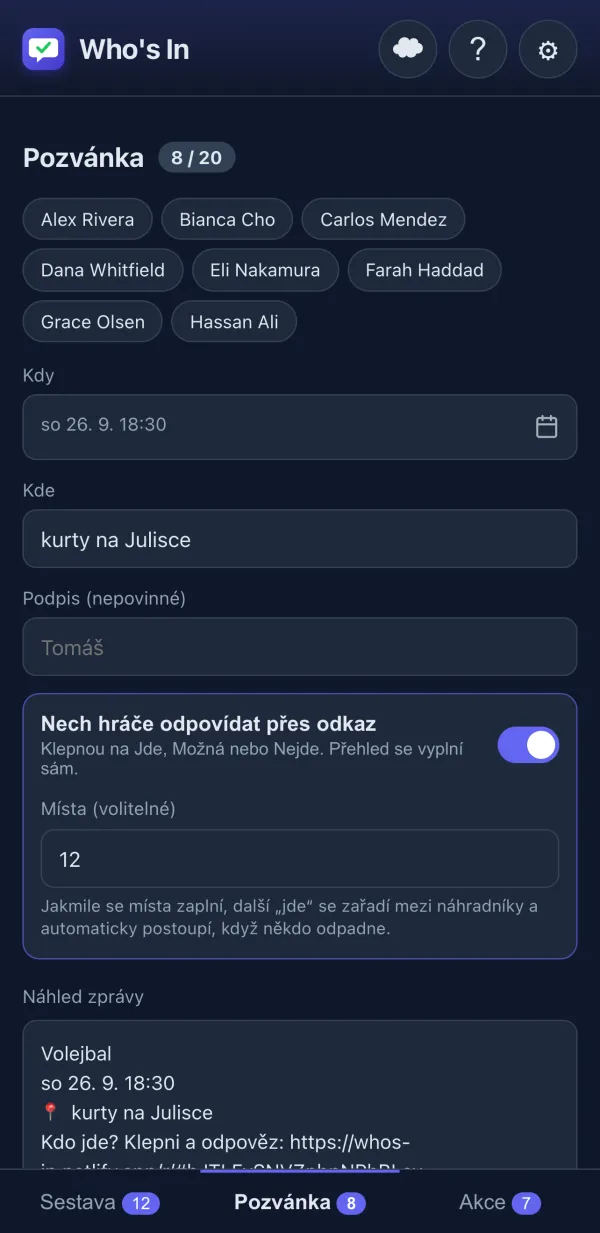 Editor pozvánky s náhledem zprávy