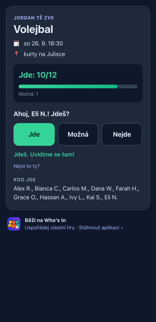 Stránka RSVP, kterou hráči vidí v prohlížeči, s tlačítky Jde, Možná a Nejde