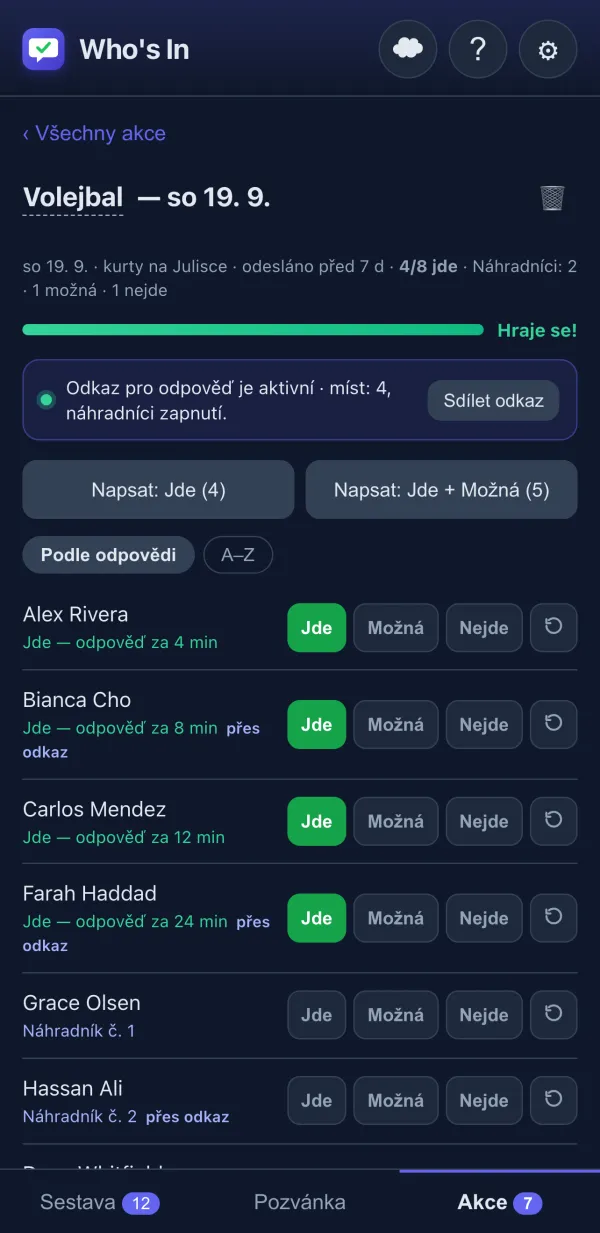 Sledování odpovědí s tlačítky Jde/Možná/Nejde