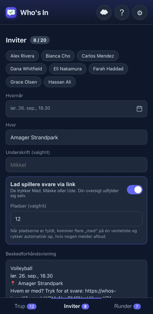 Invitationseditor med beskedforhåndsvisning