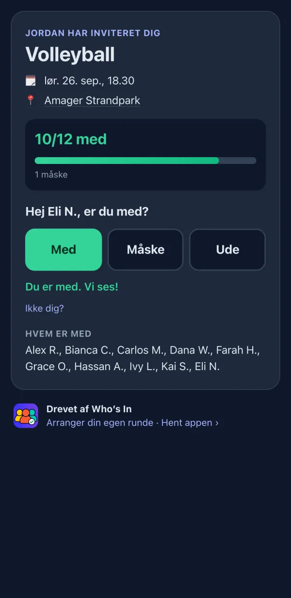 RSVP-side, som spillerne ser i browseren, med knapperne Med, Måske og Ude
