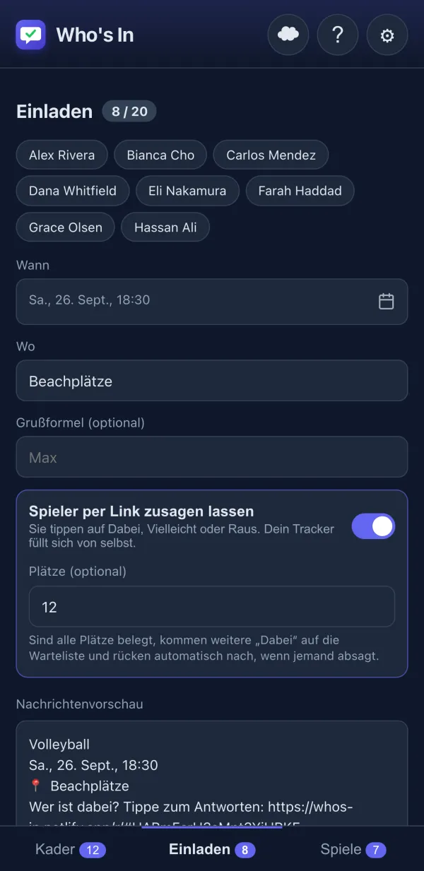 Einladungs-Editor mit Nachrichtenvorschau