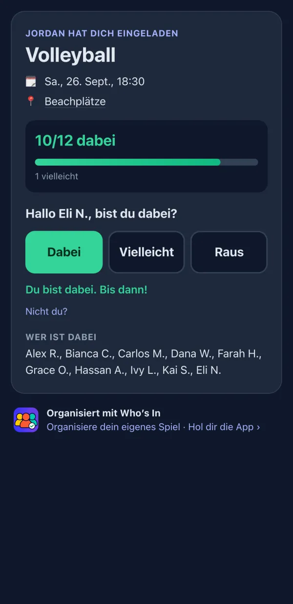 RSVP-Seite, die Spieler im Browser sehen, mit den Schaltflächen Dabei, Vielleicht und Raus