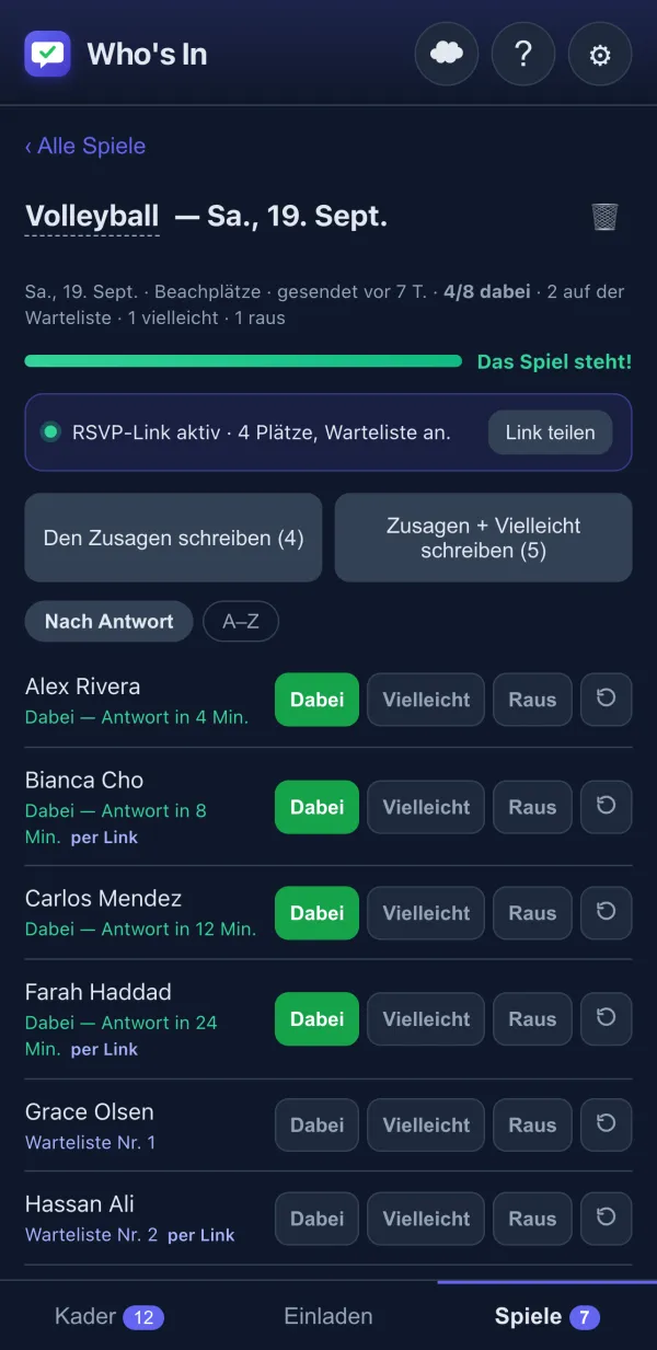 RSVP-Tracker mit Dabei/Vielleicht/Raus-Schaltflächen