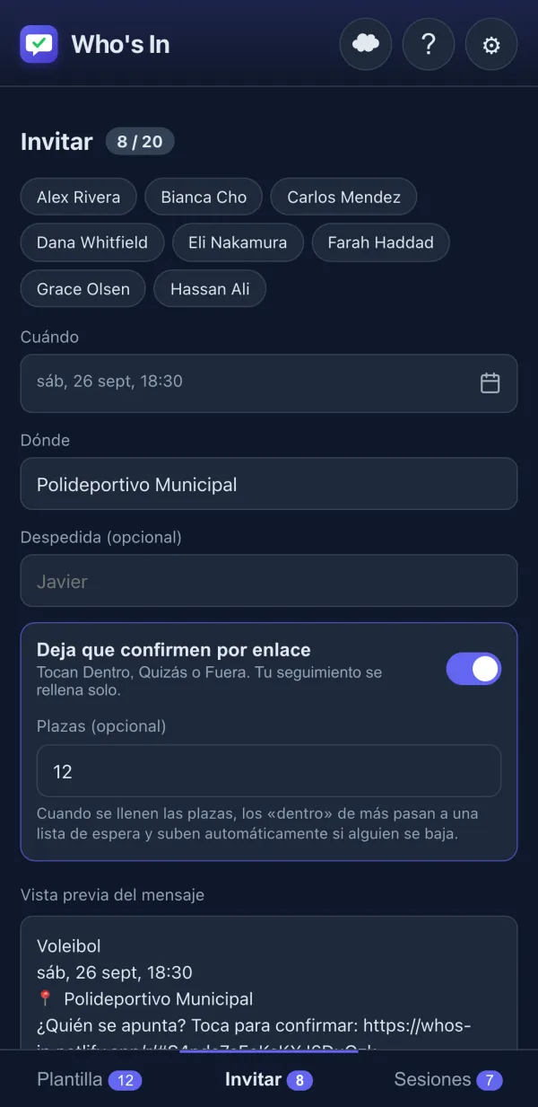 Editor de invitación con vista previa del mensaje