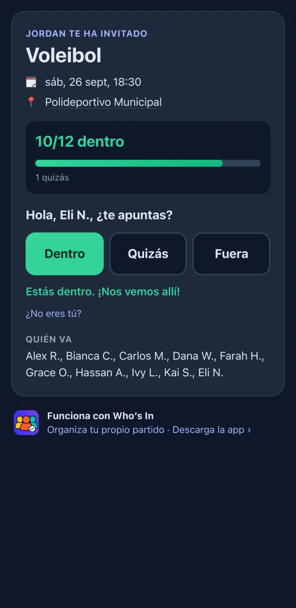 Página RSVP que ven los jugadores en su navegador, con los botones Dentro, Quizás y Fuera