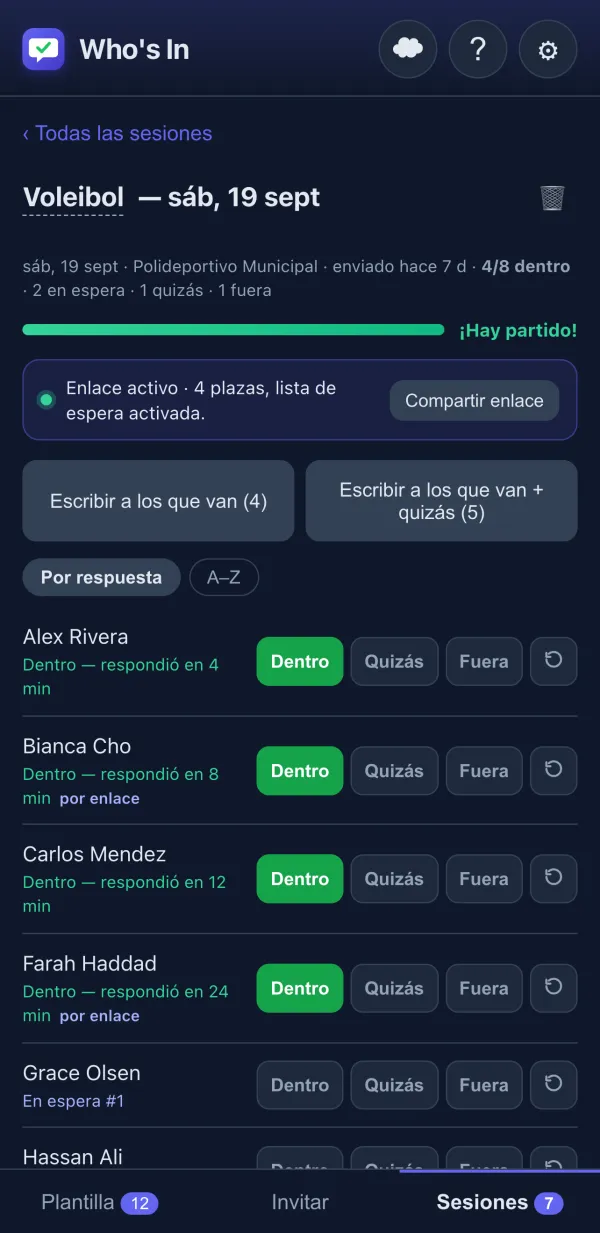 Control de confirmaciones con botones Dentro/Quizás/Fuera