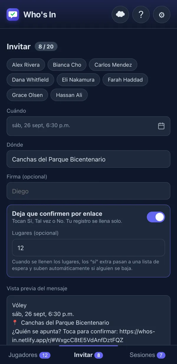 Editor de invitación con vista previa del mensaje
