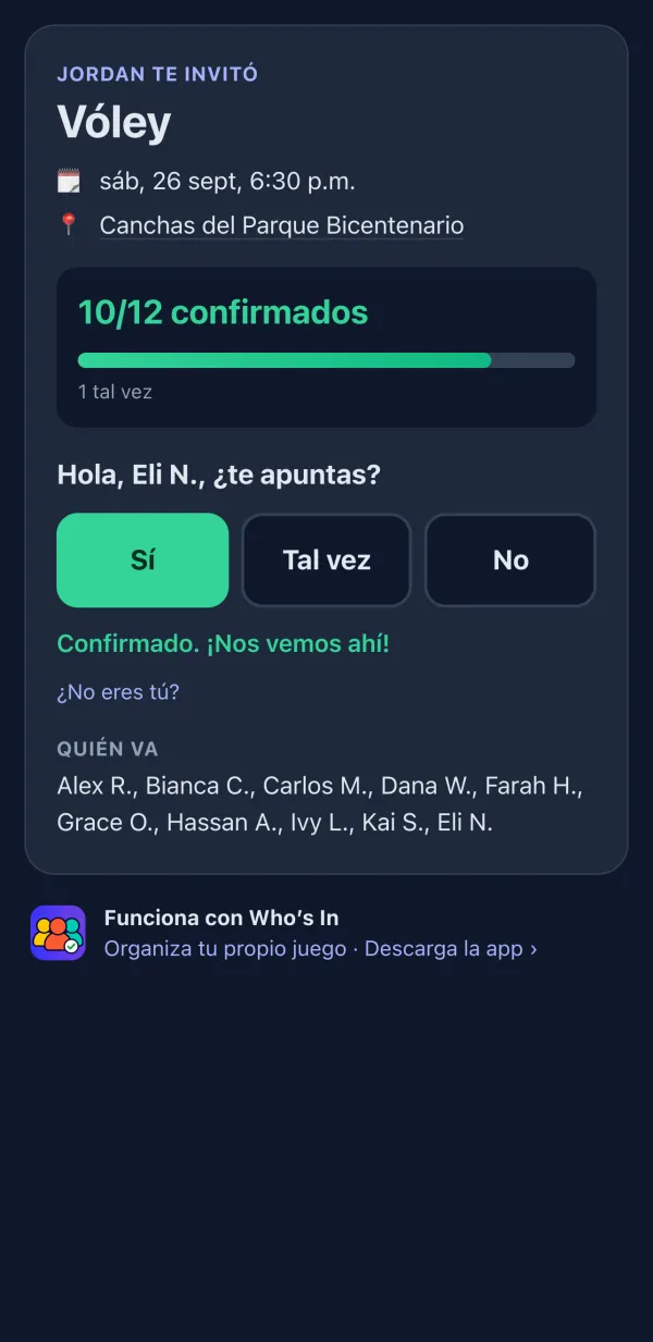 Página RSVP que ven los jugadores en su navegador, con los botones Sí, Tal vez y No