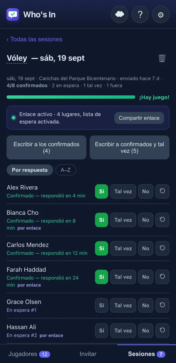 Rastreador de confirmaciones con botones Sí/Tal vez/No