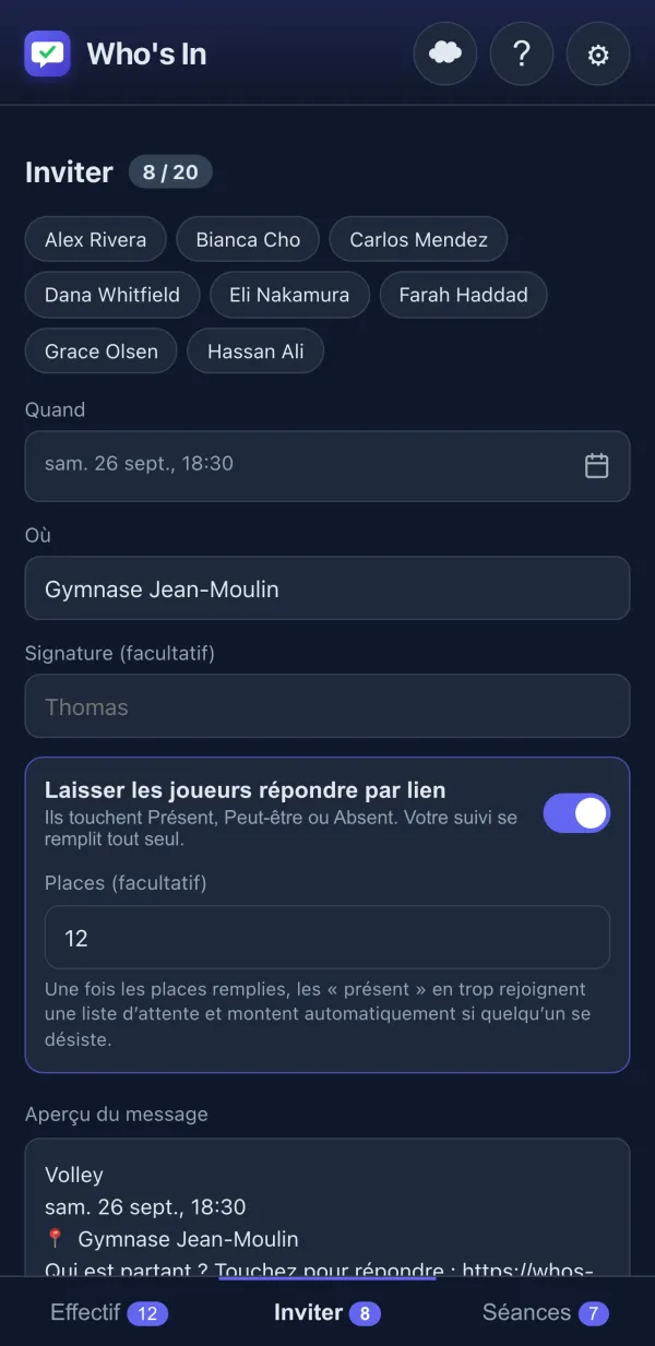 Compositeur d’invitation avec aperçu du message