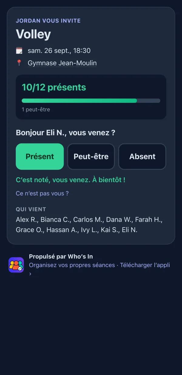 Page RSVP que les joueurs voient dans leur navigateur, avec les boutons Présent, Peut-être et Absent