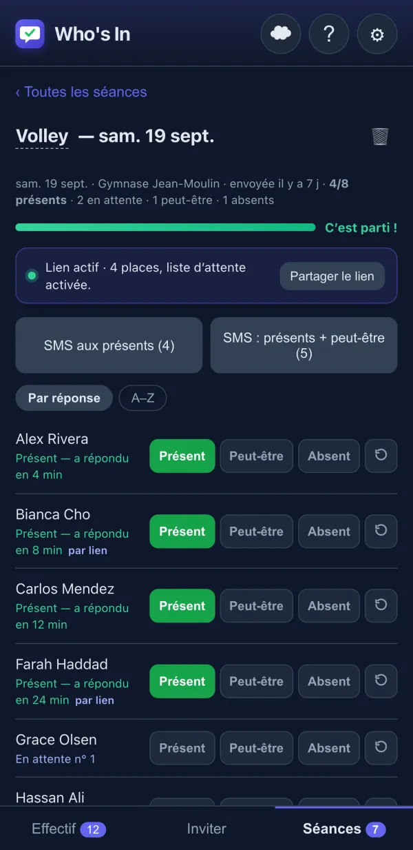 Suivi des réponses avec les boutons Présent/Peut-être/Absent