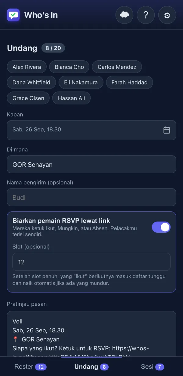 Editor undangan dengan pratinjau pesan