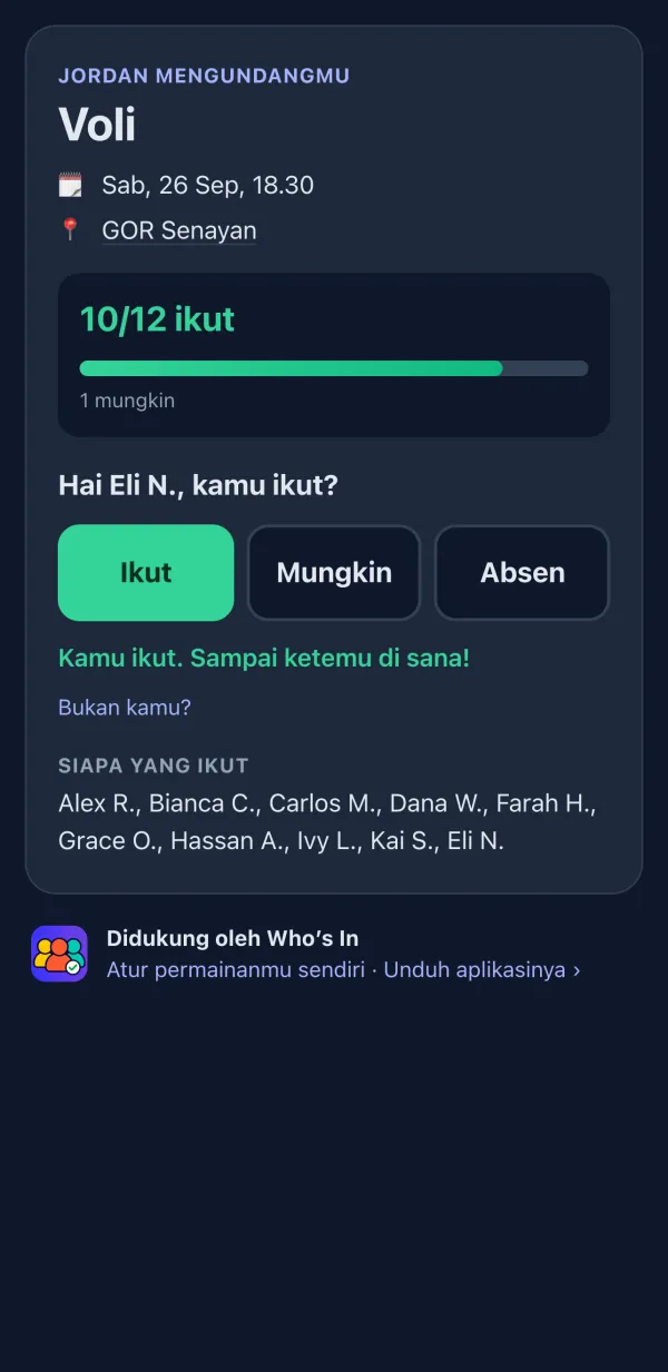 Halaman RSVP yang dilihat pemain di browser, dengan tombol Ikut, Mungkin, dan Absen