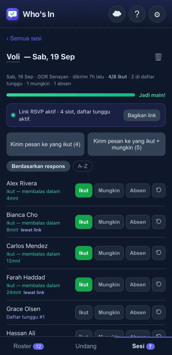 Pelacak RSVP dengan tombol Ikut/Mungkin/Absen