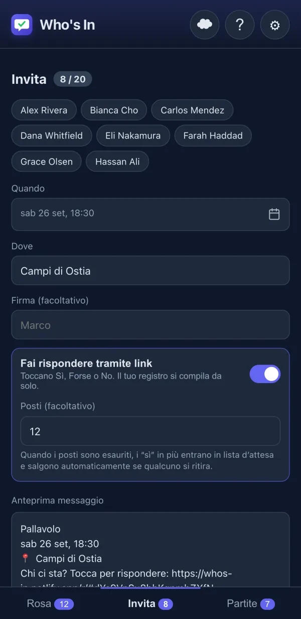 Editor dell'invito con anteprima del messaggio