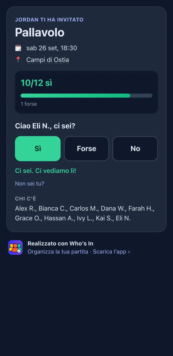 Pagina RSVP che i giocatori vedono nel browser, con i pulsanti Sì, Forse e No