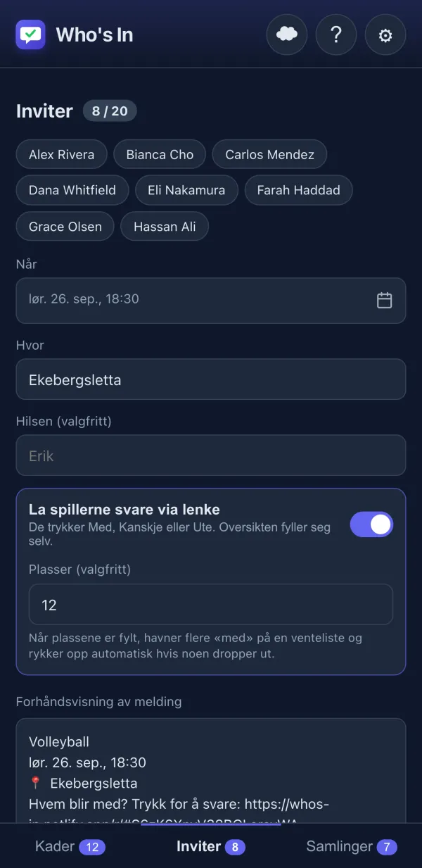 Invitasjonsredigering med forhåndsvisning av melding