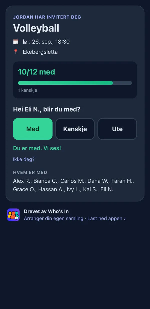 RSVP-side som spillerne ser i nettleseren, med knappene Med, Kanskje og Ute
