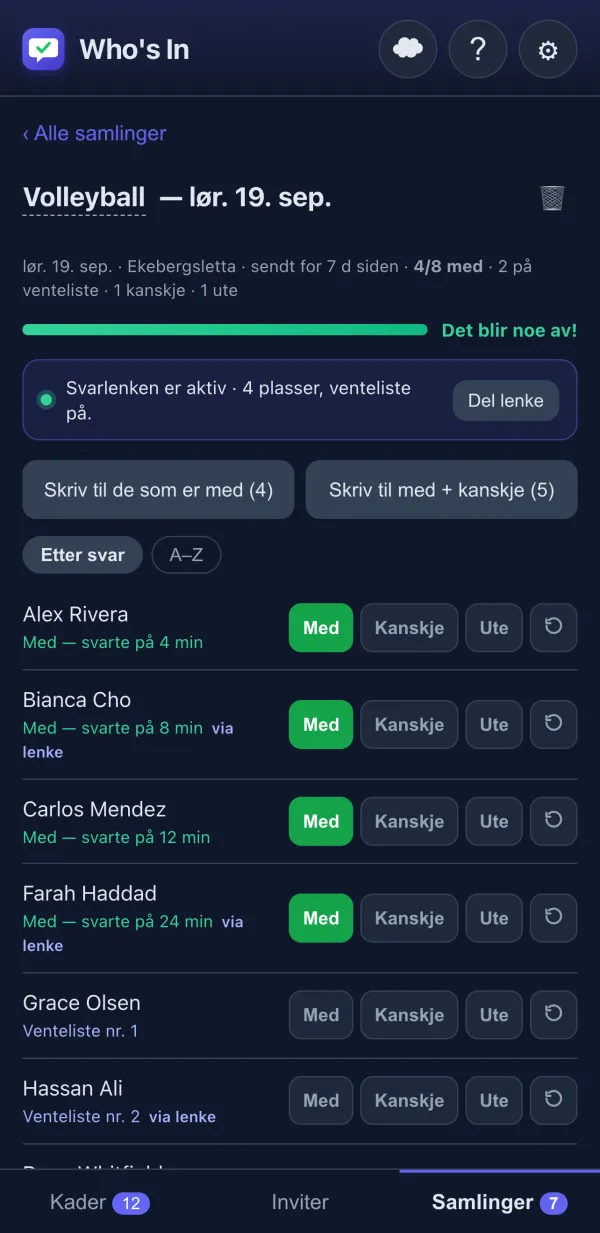 RSVP-sporing med knapper for Med/Kanskje/Ute