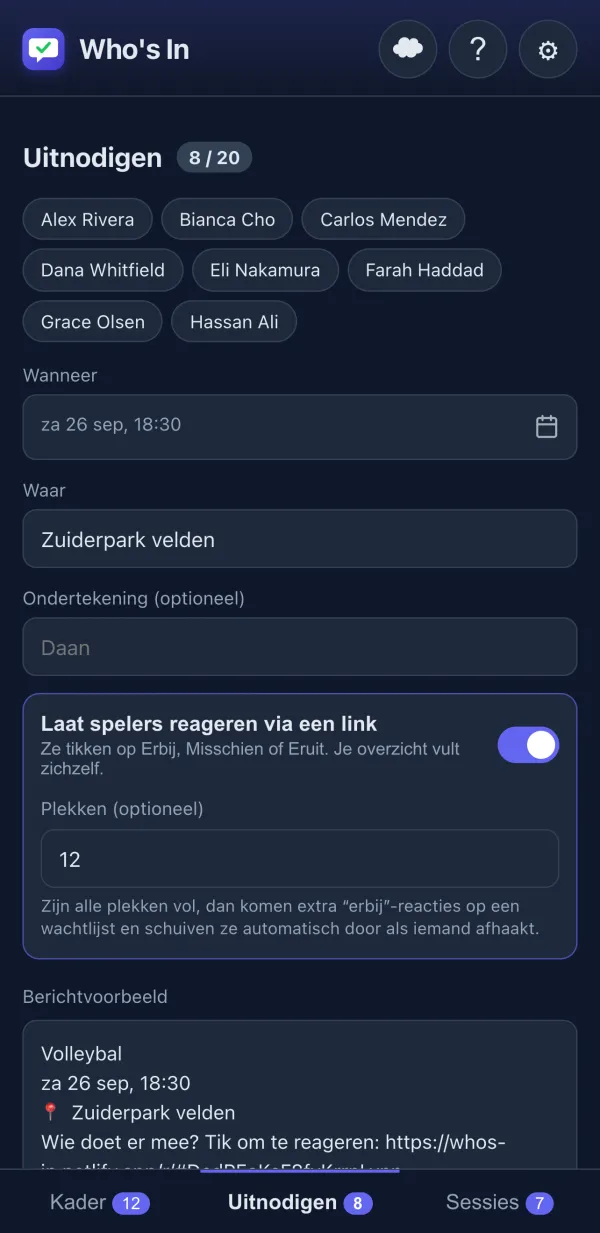 Uitnodigingsscherm met berichtvoorbeeld