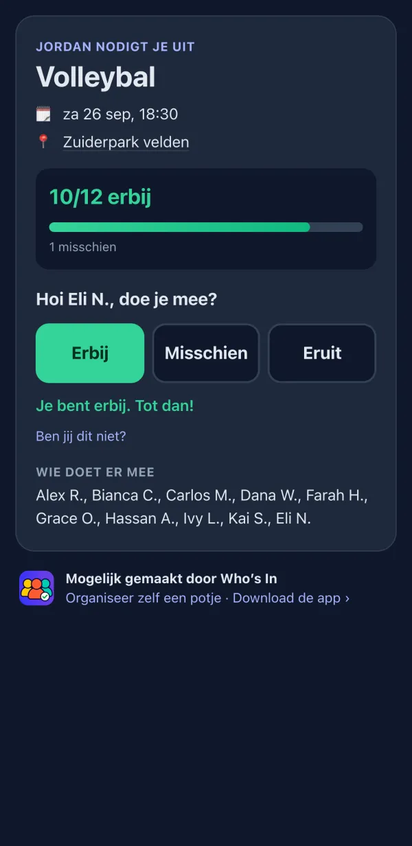 RSVP-pagina die spelers in hun browser zien, met de knoppen Erbij, Misschien en Eruit