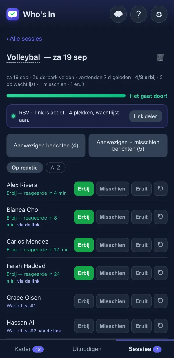 RSVP-tracker met Erbij/Misschien/Eruit-knoppen